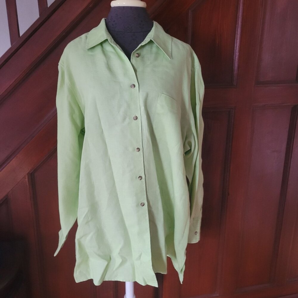 Elisabeth Womens Long-Sleeve Light Green Button-Up Linen Shirt Size 16